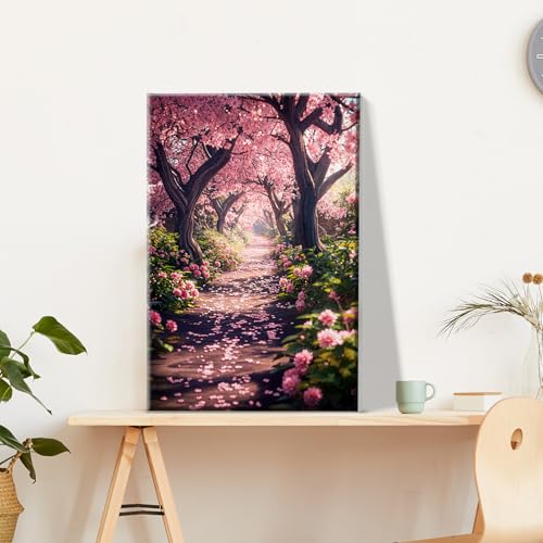JOOZ Paint by Numbers Kit for Adults Landscape Paint by Number with Frame DIY Cherry Blossom Paint by Number with Easel Flowers Paint by Numbers Kit on Canvas for Gift Home Wall Decor 7.87x11.81 Inch - color: Cherry Blossom