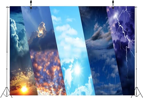 Weather Backdrop 20x10ft Fabric Sunny Cloudy Rainy Thunderstorm Backdrop Meteorological Weather News Themed Party Decorations Birthday Banner Weather News Station Photoshoot Booth Props - size: 20x10FT
