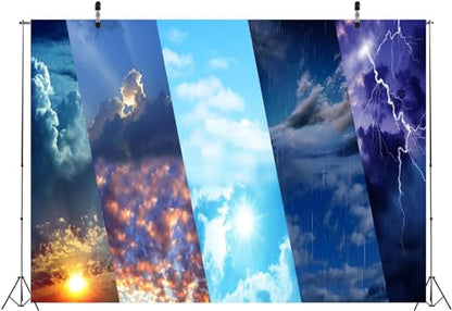 Weather Backdrop 20x10ft Fabric Sunny Cloudy Rainy Thunderstorm Backdrop Meteorological Weather News Themed Party Decorations Birthday Banner Weather News Station Photoshoot Booth Props - size: 20x10FT
