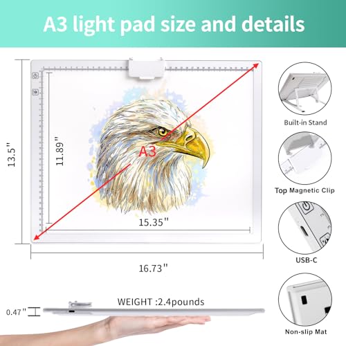 A3 Light Pad for Diamond Painting - Rechargeable Tracing Light Box with Stand, 3 Colours Stepless Dimmable 6 Levels Brightness Light Board, Battery Powered Portable Light Pad for Weeding Vinyl(White) - style: A3 Rechargeable(White)