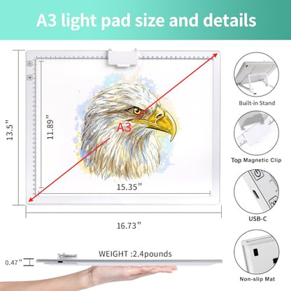 A3 Light Pad for Diamond Painting - Rechargeable Tracing Light Box with Stand, 3 Colours Stepless Dimmable 6 Levels Brightness Light Board, Battery Powered Portable Light Pad for Weeding Vinyl(White) - style: A3 Rechargeable(White)