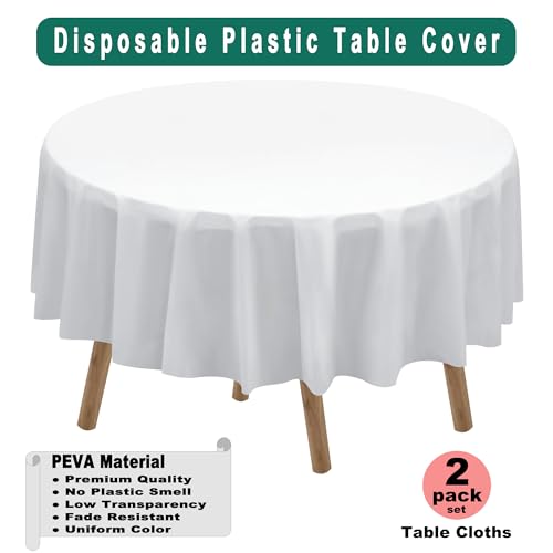 White Plastic Tablecloths 2 Pack Disposable Table Covers 84 Inch Circle Bridal Shower Party Tablecovers PEVA Solid Table Cloths for BBQ Picnic Birthday Wedding Banquet Parties 6 ft Round Table Use - color: G01 White