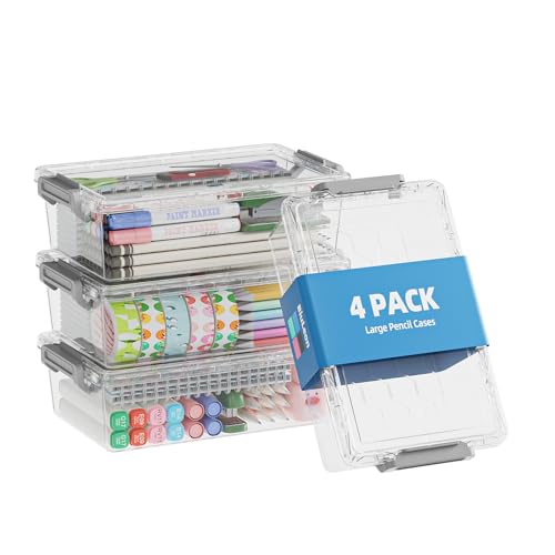 BiuLeon 4 Pack Extra Large Pencil Box, Plastic Pencil Case Organizer, Clear Crayon Box Marker Organizer, Stackable Craft Organizers and Storage for Pen, Craft, Art Supply(Grey) - color: Grey