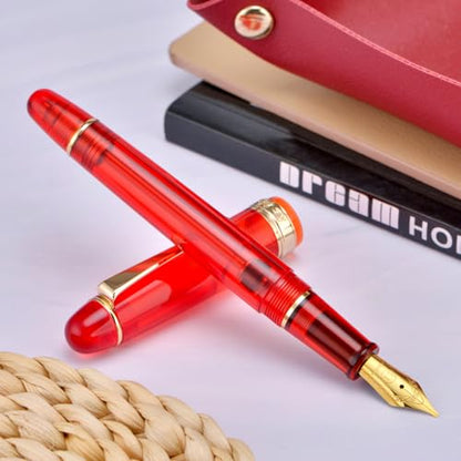 Asvine V126 Vacuum Filling Fountain Pen Gold Plated Fine Point, Transparent Red Acrylic Pen Gift Case - color: Transparent Red, style: Fine Point