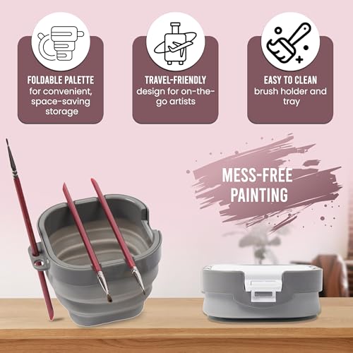Airtight Watercolor Palette with Lid - Set of 5 Paint Brush Holder Cup with Paint Palette | Acrylic Paint Palette | Paint Brush Cleaner Cup | Painting Accessories | Painting Palette Gifts for Artists - color: Palm Leaf