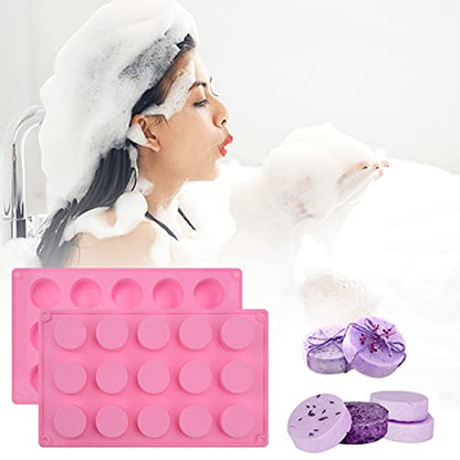 Sakolla 2 Pack Cylinder Silicone Soap Molds, 15 Cavity Mini Round Silicone Molds for Handmade Soap, Lotion Bars, Bath Bombs, Chocolate, Cake - color: Round/Pink