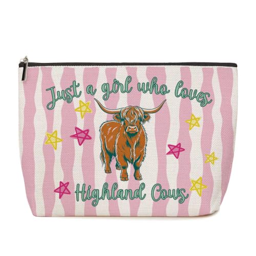 Funny Highland Cow Gifts for Girls Makeup Bag Pink Striped Cosmetic Bag - color: Multicolor 1774
