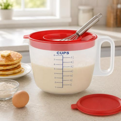8 Cup Measuring Cup & Mixing Pitcher with Handle and Spout, Splatter-Free Lid, BPA-Free, Ideal for Baking, Pancakes, and Whisking