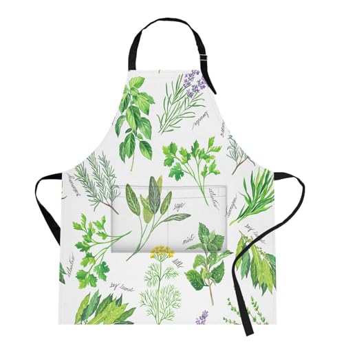 Apron with Pockets, 32x28 inch, for Women Men, Green Leaf | Herbs Basil Leaves Natural Waterproof Adjustable Bib Aprons for Kitchen Cooking Baking Painting Gardening - color: Herb