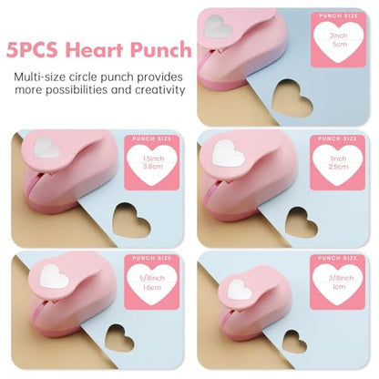 Heart Paper Punch Set, 3/8 inch, 5/8 inch, 1 inch, 1.5 inch, 2 inch, 5 Different Size Heart Punches for Crafting Designs, Office Supplies, Card Making, DIY Albums, Photos - color: Pink