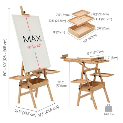 MEEDEN Painting Easel with Storage and Tray: H-Frame Beech Wood Art Easel | Easel Stand for Adults, Artists, Students, Beginners - Adjustable 50"-80" H, Holds Canvas Up to 47 Inches - color: Natural