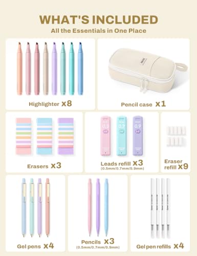 SUNEE Pencil Case with Supplies, 35PCS Aesthetic Stationery Set with Pastel Highlighters, Black Gel Pens, Mechanical Pencils & Refills, College School Supplies for Students Girls Beige - color: Beige, style: 35 Pack