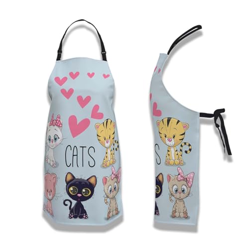 Chef Apron for Women Cute Cartoon Cats and Hearts Mans Aprons for Grilling for Kitchen Cooking Restaurant BBQ Painting Crafting 27” (W) x 31” (H), Waterproof Apron - color: Cats and Hearts