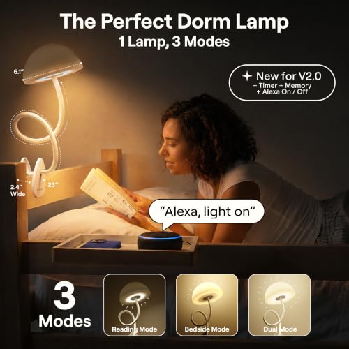Shroommate Clip On Light for Dorm Room - 2.0 (White) | Bed Headboard Lamp, Bedside Table Lamp Dorm, College Dorm Room Essentials, Night Light Kids Nursery, MultiColor LEDs - color: White, size: Shroommate 2.0