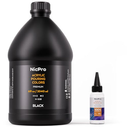 Nicpro Jet Black Color Acrylic Pour Paint, 69oz Pre-Mixed Pouring Paint | Supplies with Silicone Pour Oil & Gloves for Canvas, Rock, Wood Cell Creation Flow DIY Art Painting, Ready to Pour - color: 69oz-black