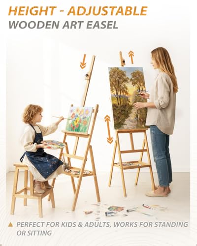Painting Art Easel with Storage Tray, 57"-72" Height Adjustable Easel Stand | Non-foldable beech wood easel, H-frame artist easel stand for painting, Wooden floor easel holds canvas up to 36" - color: Natural
