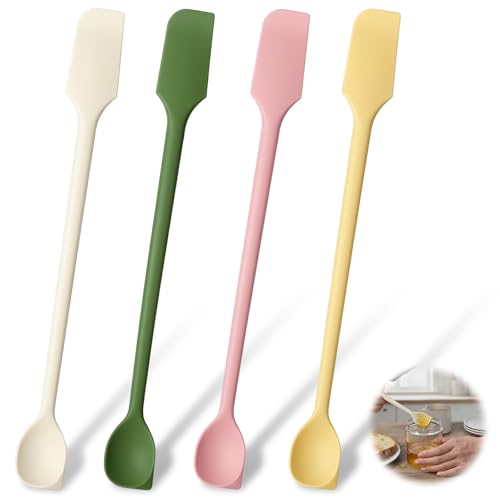 4 Pcs Long Dual-End Silicone Spatula, Small Spatula & Stirring Spoons for Jam Jars & Makeup, Thin Curved End for Scraping, Slim Spoon End for Scooping and Mixing (10.43 Inch)