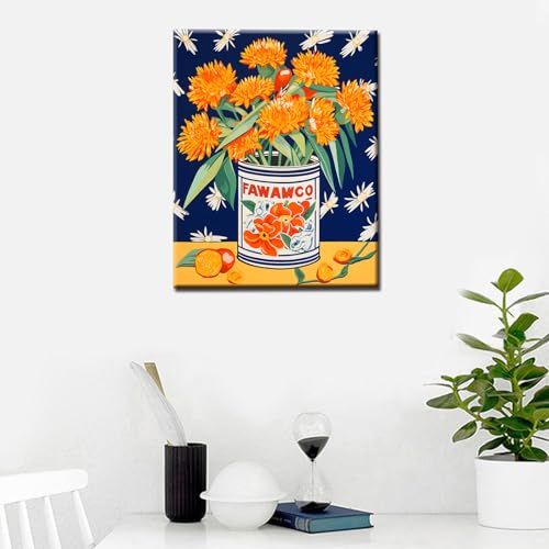 Retor Orange Flowers in a Tin DIY Paint by Numbers for Adults Orange Floral DIY Oil Painting Acrylic Paint Art Painting Kit Canvas with Acrylic Paints Vintage Flowers Art 16x20 Inch（DIY Frame ） - color: Floral in Tin 05, size: 16''x20''(DIY Frame)