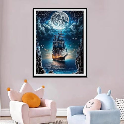 NEGHER 5D Landscape Diamond Painting Kits for Adults Beginner, DIY Steamship Moon, Full Round Drill Religious Gem Art Kits, Home Wall Decor 12x16 inch | 5D DIY Diamond Art Steamship Moon, Full Round Drill Religious Gem Art Kits, Home Wall Decor Landscape