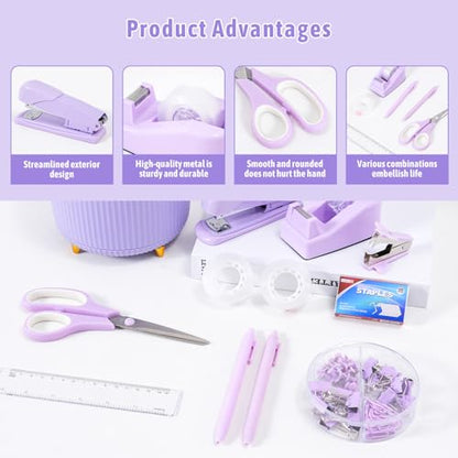 Gawsey Purple Desk Organizers and Accessories with Desk Organizer 360° Rotating Pen Holder and Office Supplies, Cute Stationery Supplies Set - color: A Purple