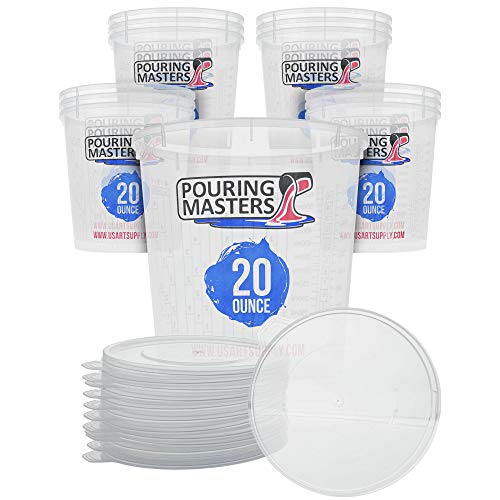 Pouring Masters 20 Ounce (600ml) Graduated Plastic Mixing Cups (Box of 12) with 12 Lids - Use for Paint, Resin, Epoxy, Art - Measurements in OZ. and ML, 4 Different Measuring Ratios