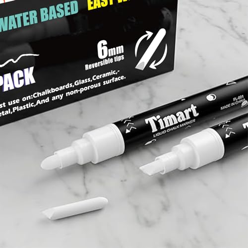 Timart 8 Pack White Chalk Markers, 6mm Liquid Chalk Markers | Reversible Tip, Erasable Chalk Pens, Non-Toxic Chalkboard Markers for Glass, Washable Window Markers - color: White 6mm Reversible Tip