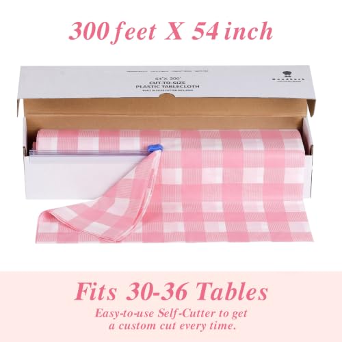 Goodluck 54" x 300 Ft Pink＆White Checkered Tablecloth Roll with Cutter Box - color: Pink Checkered, size: 15.4" x 5.5" (Rectangular)