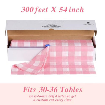 Goodluck 54" x 300 Ft Pink＆White Checkered Tablecloth Roll with Cutter Box - color: Pink Checkered, size: 15.4" x 5.5" (Rectangular)