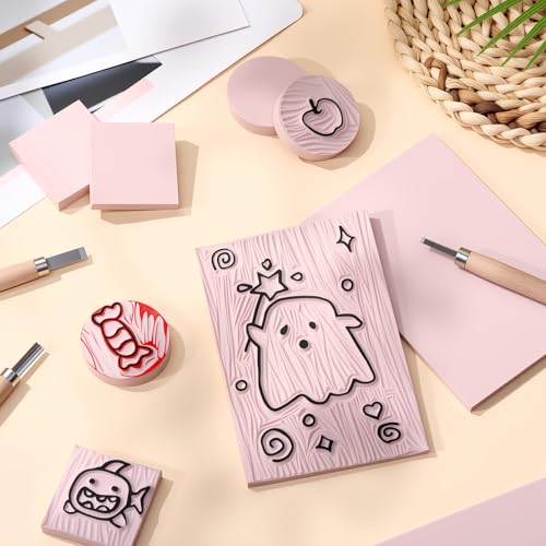 Innconee 24 Pcs Rubber Stamp Carving Blocks Pink Rubber Carving Blocks Round Square Rectangle Making Kit for Stamp Crafts and DIY Project