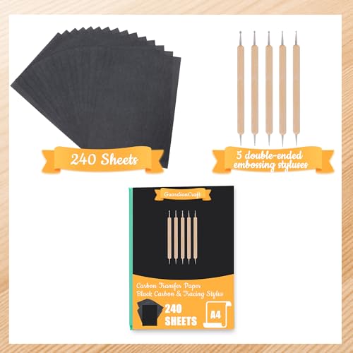 240 Sheets Carbon Paper for Tracing, A4 (8.3 x 11.7 Inch), Black | Graphite Transfer Paper, No-Smudge, 5 Embossing Stylus, For Wood, Fabric, Canvas, DIY Craft