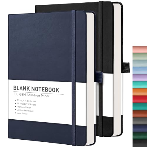 RETTACY Blank Journal Notebook, 192 Pages per Pack, A5 Size (5.7'' x 8.3'') - color: Black & Navy Blue