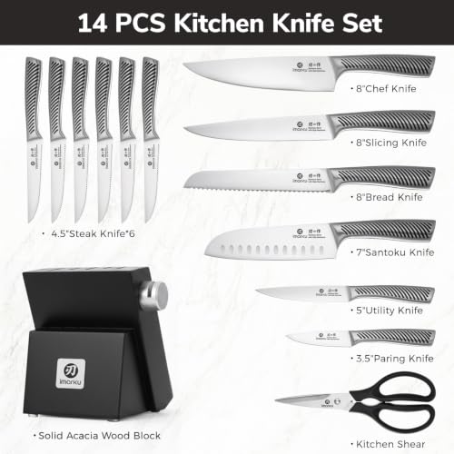 Imarku 14-Piece Japanese Gyutou Stainless Steel Knife Set with Block | 15° Precision Edge | 56±2 HRC Hardness | Full-Tang Build for Perfect Balance | Built-in Sharpener for Easy Maintenance - color: Pure Black