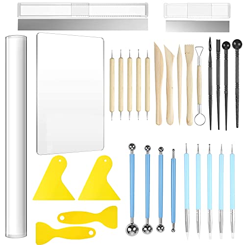 Allazone 31 PCS Acrylic Clay Roller with Acrylic Sheet, Acrylic Sheet Backing Board, Plastic Scraper, Sculpting Tools, Dabbing Tool, Dot Painting Tool for Shaping and Sculpting - color: 31 PCS