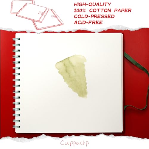CuppaClip Watercolor Paper 9"x8.5" 300GSM 140LB Spiral Bound Cotton Water Color Pad Cold Press Inner Pocket Art Supplies (Red) - color: Red