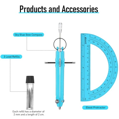 EBOOT Student Geometry Math Set, Metal Drawing Compass and 6 Inch Clear Swing Arm Protractors 180 Degree Math Protractor(Blue and Blue) - color: Blue and Blue