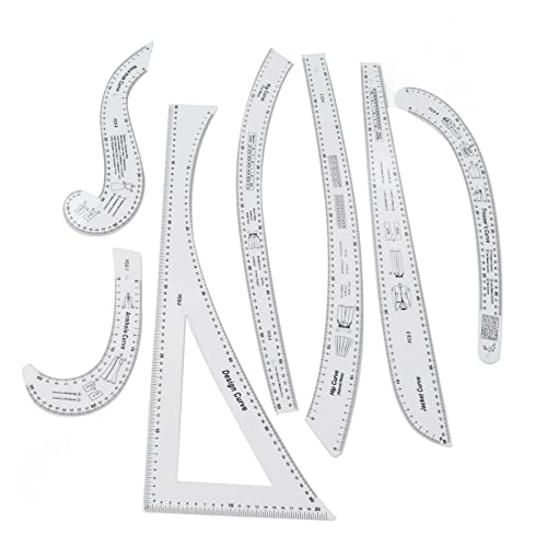 7Pcs Fashion Clear Metric Sewing Ruler Set, French Curve Pattern Ruler Kit for Beginners, Tailors, and Designers, Fashion Design Dress Makers Ruler, Clear Sewing Tailors Pattern Making Ruler
