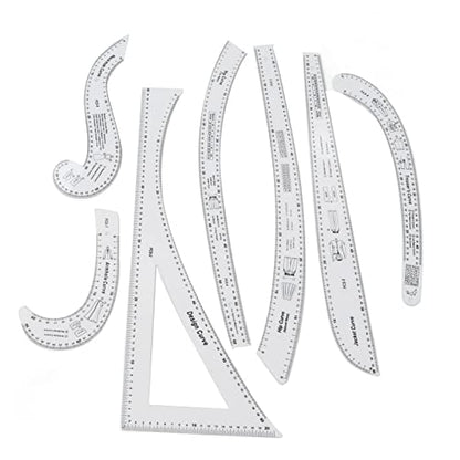 7Pcs Fashion Clear Metric Sewing Ruler Set, French Curve Pattern Ruler Kit for Beginners, Tailors, and Designers, Fashion Design Dress Makers Ruler, Clear Sewing Tailors Pattern Making Ruler