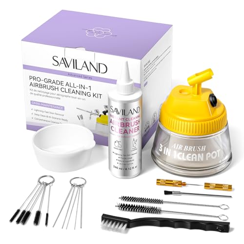 SAVILAND All-in-1 Airbrush Cleaning Kit: 240 ml Fast Airbrush Cleaner Low Odor & Needles Kit 3-in-1 Airbrush Cleaning Pot Easily Handle Water-Based & Acrylic Airbrush Paint Nail Art Painting Tools - color: White-Grey