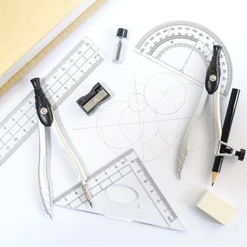SAYEEC Geometry Set, 10 Pcs Math Protractor Compasses Kit with Ruler, Triangles, Eraser, Sharpener, Lead Refills, Pencil, Storage Box, Drafting Drawing Tools for Architects Engineers Artists