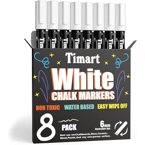 Timart 8 Pack White Chalk Markers, 6mm Liquid Chalk Markers | Reversible Tip, Erasable Chalk Pens, Non-Toxic Chalkboard Markers for Glass, Washable Window Markers - color: White 6mm Reversible Tip
