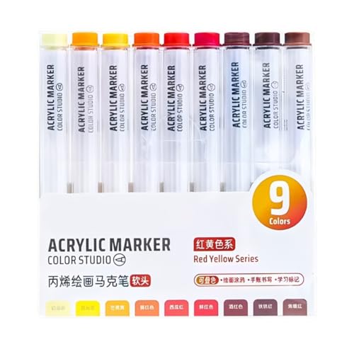 Red Yellow Acrylic Paint Pen Markers, 9 Colors Soft Brush Tip Paint Pens for Wood Glass Eggs Rock Painting Canvas Stone Fabric DIY Crafts Making Art Supplies - color: Red&Yellow