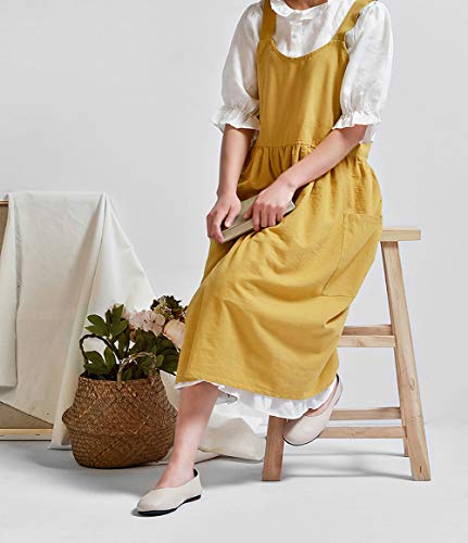 Japanese Cotton Cross Back Pinafore Apron for Women with Pockets Yellow | Cross-Back, No Ties, Cotton Linen, Smock Apron Dress, NEWGEM Farm Work Apron for Kitchen Cooking, Baking, Gardening, Painting - color: 02 - Bright Yellow Without Waist Ties