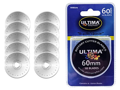 Ultima 60mm Rotary Cutter Blades – 10 Blades Per Pack – Fits Most Rotary Cutters Including Fiskars, Olfa, Martelli and TrueCut – Cuts Quilting Fabric, Leather, and More - size: 60mm