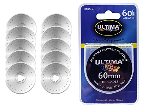 Ultima 60mm Rotary Cutter Blades – 10 Blades Per Pack – Fits Most Rotary Cutters Including Fiskars, Olfa, Martelli and TrueCut – Cuts Quilting Fabric, Leather, and More - size: 60mm