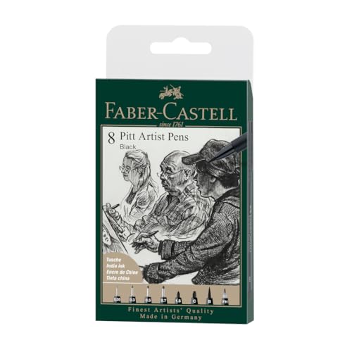 Faber-Castell PITT Artist Pen India Ink Pen - wallet of 8 - colour 199 black - XXS, S, F, M, B, C, 1.5, Fude Hard, (167158) - size: 8 Count (Pack of 1)