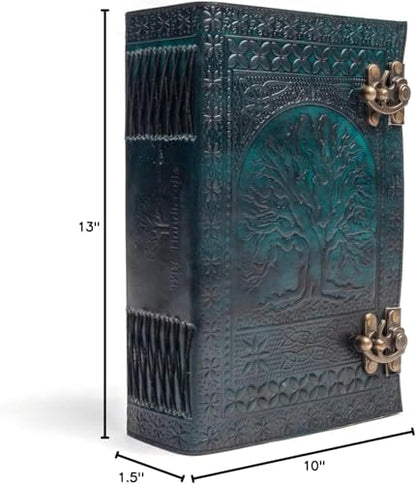 600 Pages Handmade Large Leather Journal Diary Embossed Tree of Life Book Of Shadows Notebook Writing Grimoire Sketchbook 7 x 10 Leather Bound (Green) - color: Green