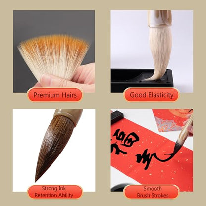 3PCS Large Chinese Calligraphy Brush Set with Adjustable Holder | Chinese Sumi Ink Brush for font 7-16cm Large-Scale Floral Art, Ink Heavy Painting and Write Couplets, Large Characters - color: Large Brushes