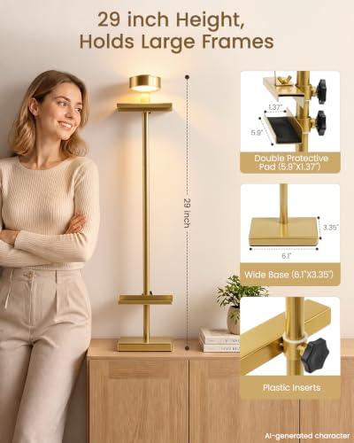 Adjustable Tabletop Easel Stand with Picture Frame Light, Gold | Picture Easels for Display Up to 29" H, Picture Frame Holder, For Art, Photo - color: Light Gold