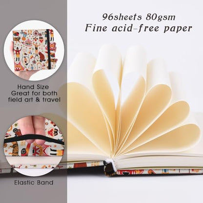 Handy Size 5 x 5 inches Sketch Book, 80GSM Acid Free Artistic Drawing Painting Writing Paper, Hardcover Cloth Cover Art Sketchbook,Journal Notebook.Beige Circus - color: 80gsm-beige circus