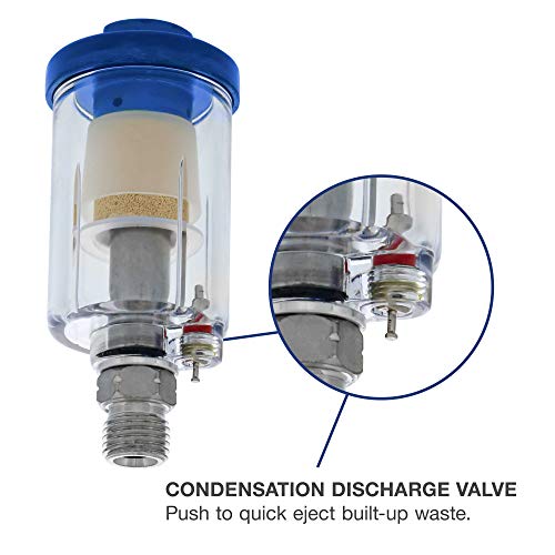 TCP Global Mini In-Line Air Filter (2 Pack) - Water & Oil Separator | With Drain Valve - Water Trap, Air Dryer, Removes Moisture, Dirt - Use on Compressor Hose, Pneumatic Tools, Paint Spray Guns